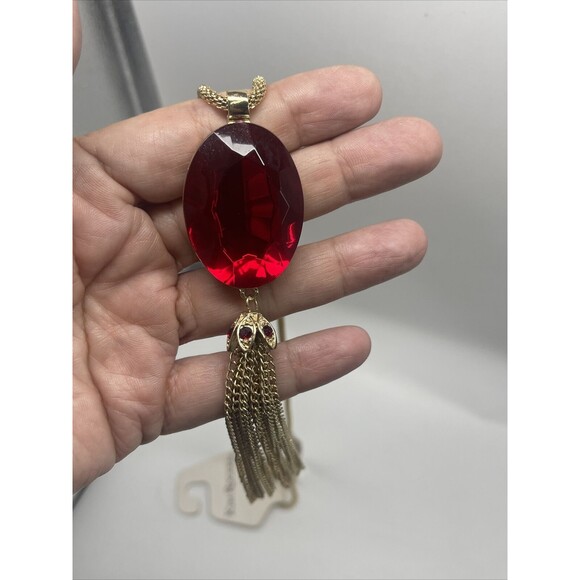 Kim Rogers Gold Tone Red Stone Tassel Long Necklace. - Picture 7 of 10
